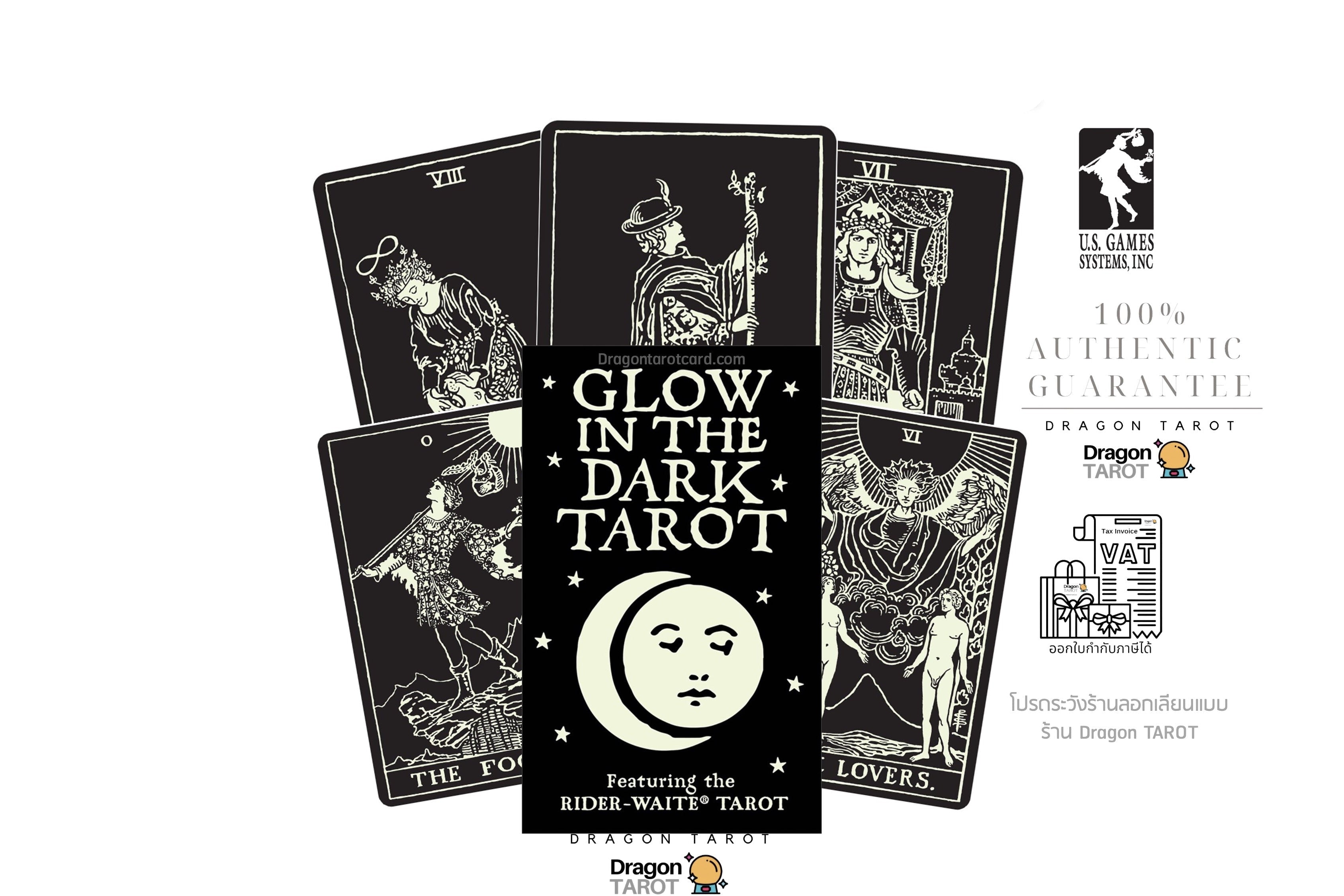 Dragon Tarot deck packaging and several illustrated tarot cards arranged on a white background with brand text, a Facebook icon, and a 100% authentic guarantee badge.