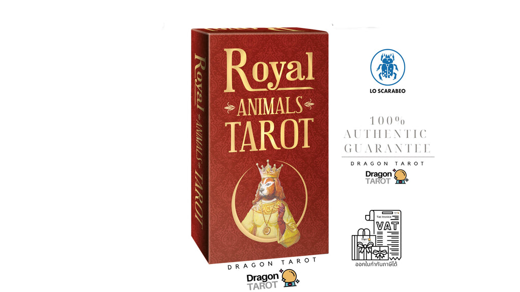 A boxed tarot card deck titled 'Royal Animals Tarot' shown on a white background with several brand and guarantee marks around it. The box is dark red with gold lettering and an illustration of a crowned animal figure.