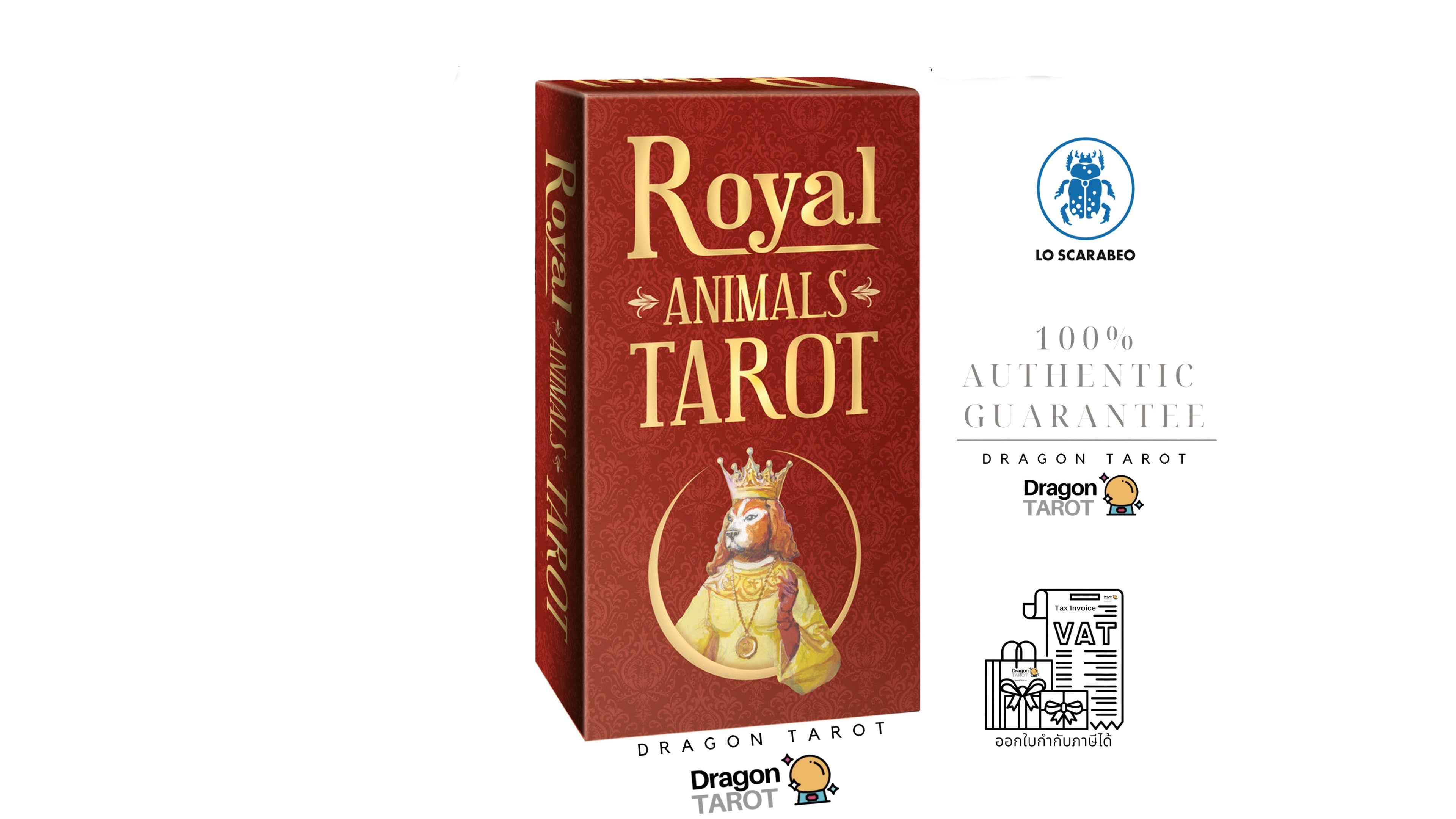 A boxed tarot card deck titled 'Royal Animals Tarot' shown on a white background with several brand and guarantee marks around it. The box is dark red with gold lettering and an illustration of a crowned animal figure.