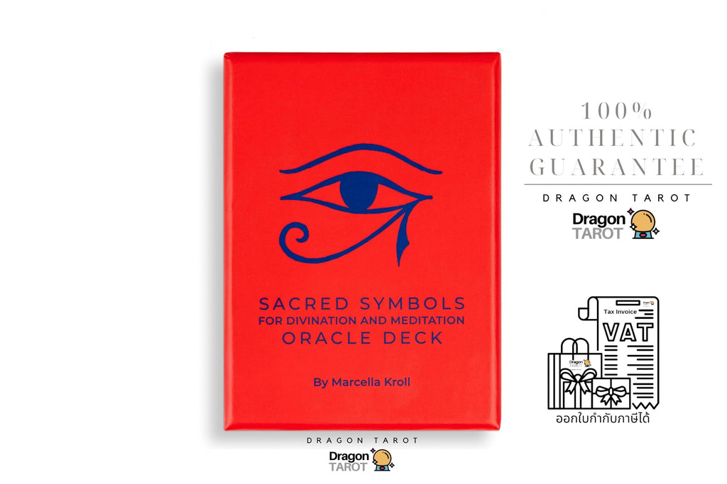 Dragon Tarot Sacred Symbols for Divination and Meditation Oracle Deck box in red with a blue eye symbol, shown on a white background with brand logos and guarantee text.