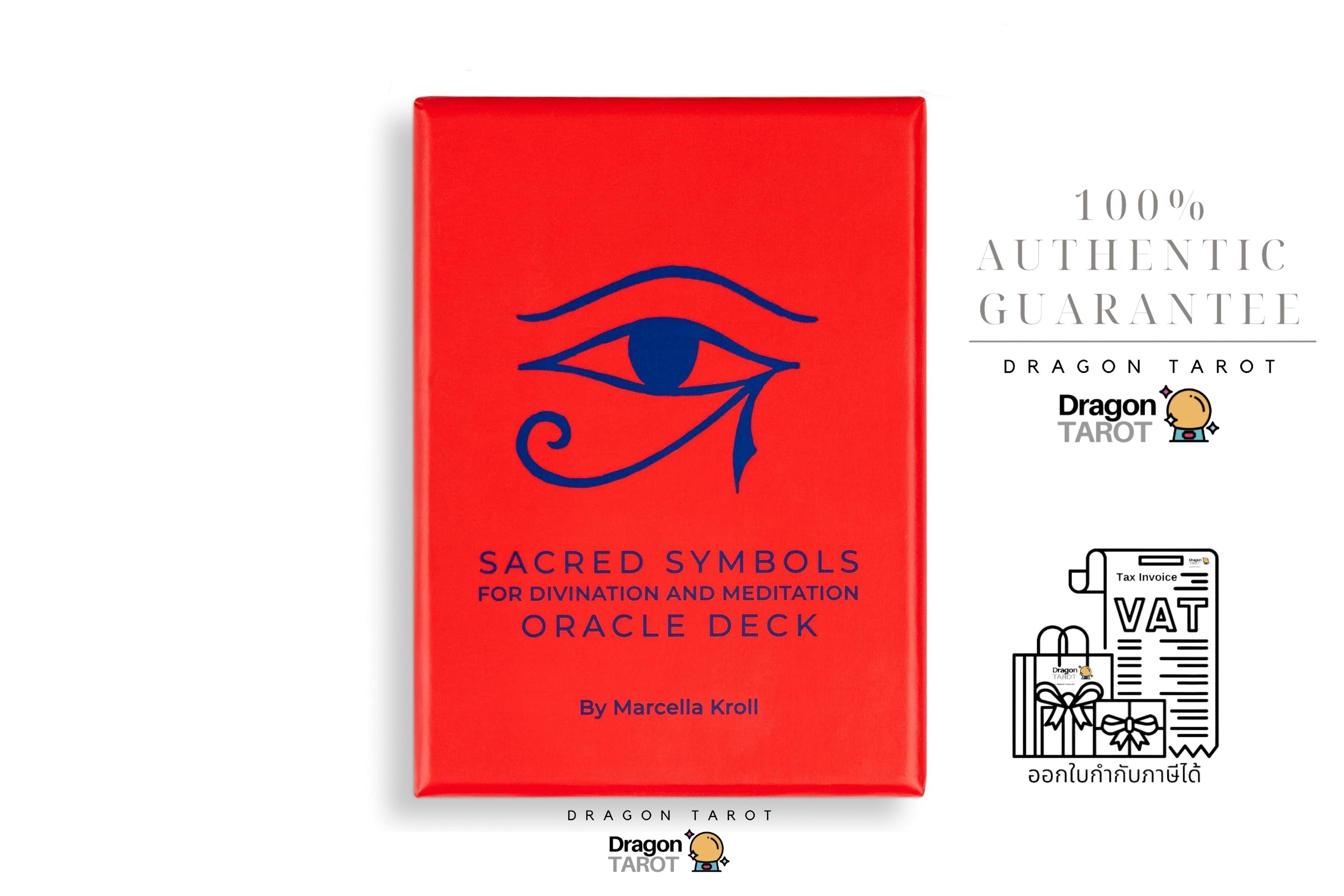 Dragon Tarot Sacred Symbols for Divination and Meditation Oracle Deck box in red with a blue eye symbol, shown on a white background with brand logos and guarantee text.