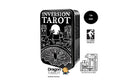 A black tin of Dragon Tarot 'Inversion Tarot' cards on a white background, featuring white line art of a knight and castle. The image includes social media and brand logos, a 'Tin Size' badge, and a 'U.