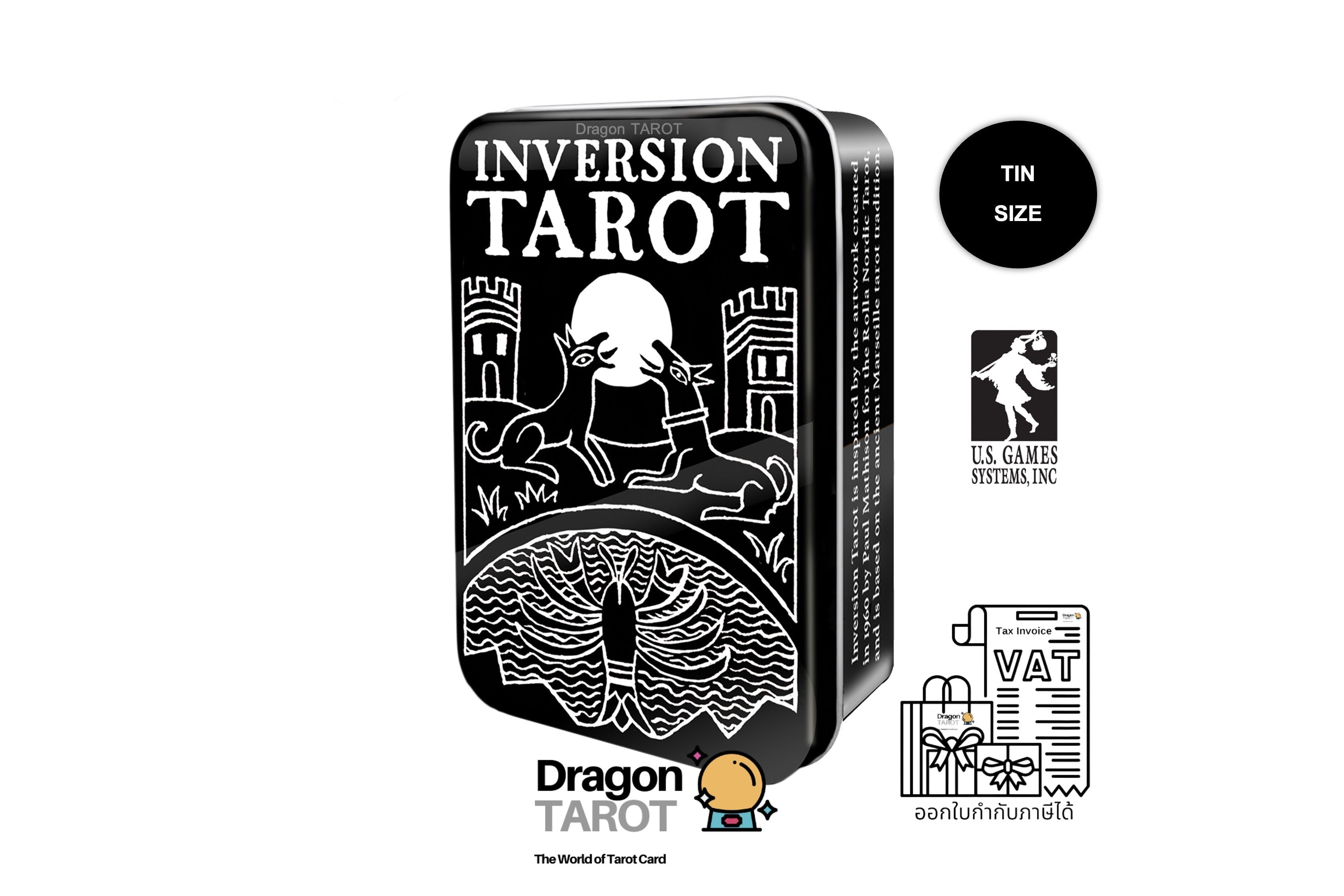 A black tin of Dragon Tarot 'Inversion Tarot' cards on a white background, featuring white line art of a knight and castle. The image includes social media and brand logos, a 'Tin Size' badge, and a 'U.