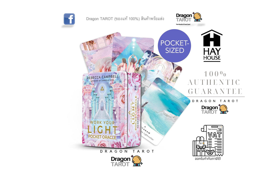 Dragon Tarot Pocket Cards book and cards displayed on a white background with promotional text and logos, including Hay House and Dragon Tarot.