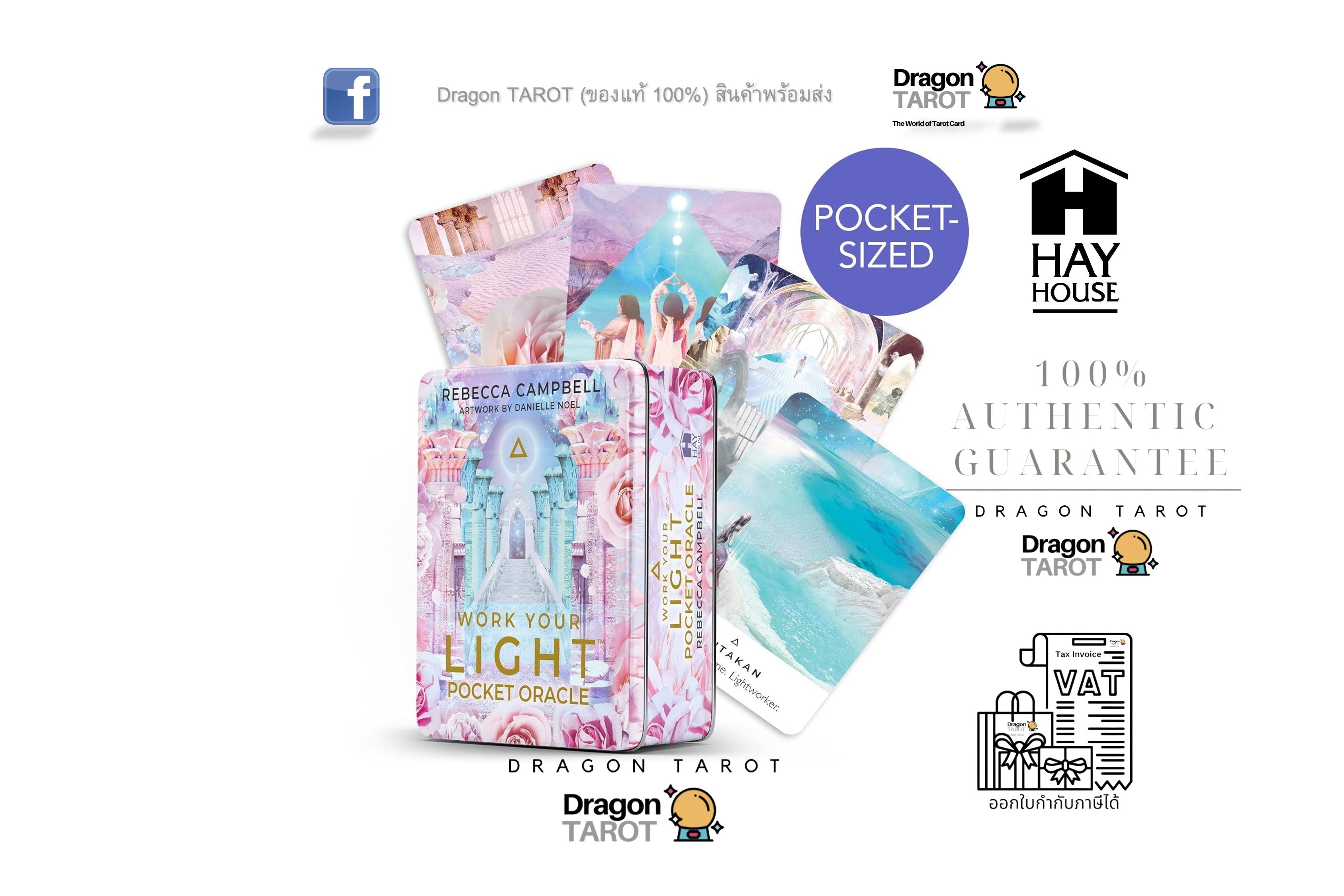 Dragon Tarot Pocket Cards book and cards displayed on a white background with promotional text and logos, including Hay House and Dragon Tarot.