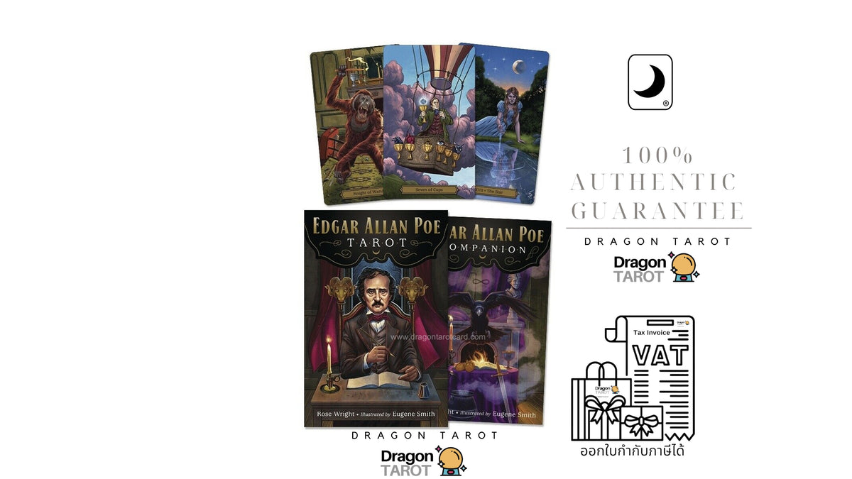 Two tarot card decks, 'The Edgar Allan Poe Tarot' and 'The Edgar Allan Poe Tarot Companion', displayed on a white background alongside various certification and guarantee icons.