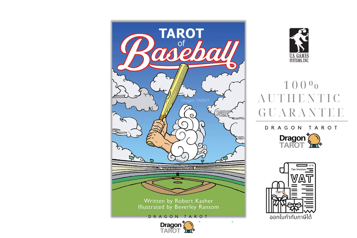Dragon Tarot 'Tarot of Baseball' card deck box cover shown on a white background alongside U.S.