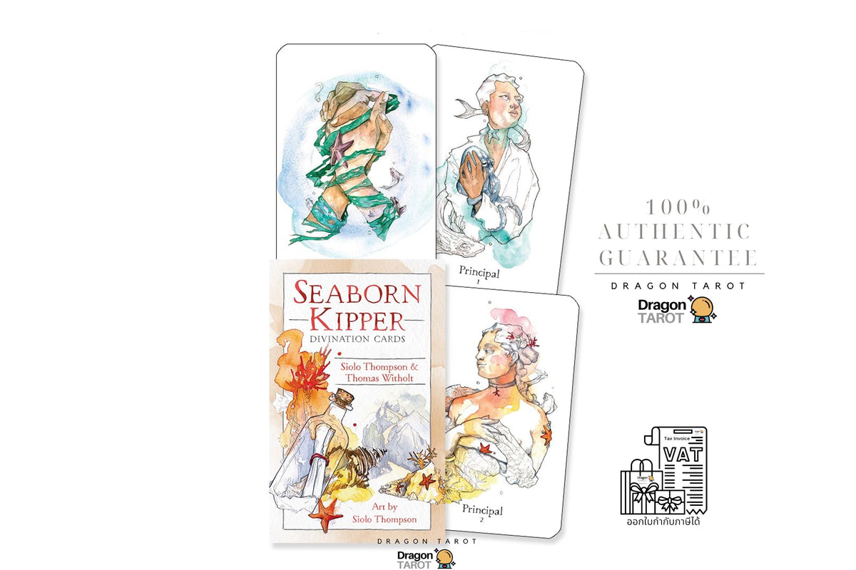 Dragon Tarot deck packaging and sample cards shown on a white background with promotional text. The image includes the main box cover labeled 'Seaborn Kipper' and two illustrated cards, plus social media and guarantee icons.