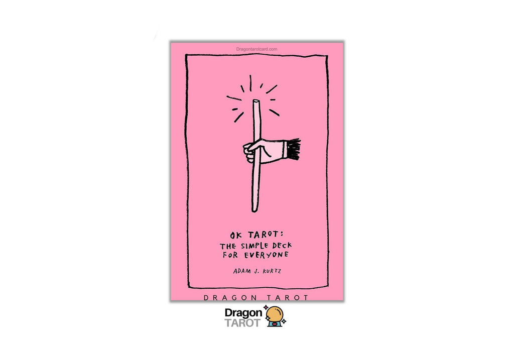 A pink book cover for 'OK TARTY: THE SIMPLE DECK FOR EVERYONE' by Adam J. Kurtz, featuring a hand holding a wand with radiating lines.