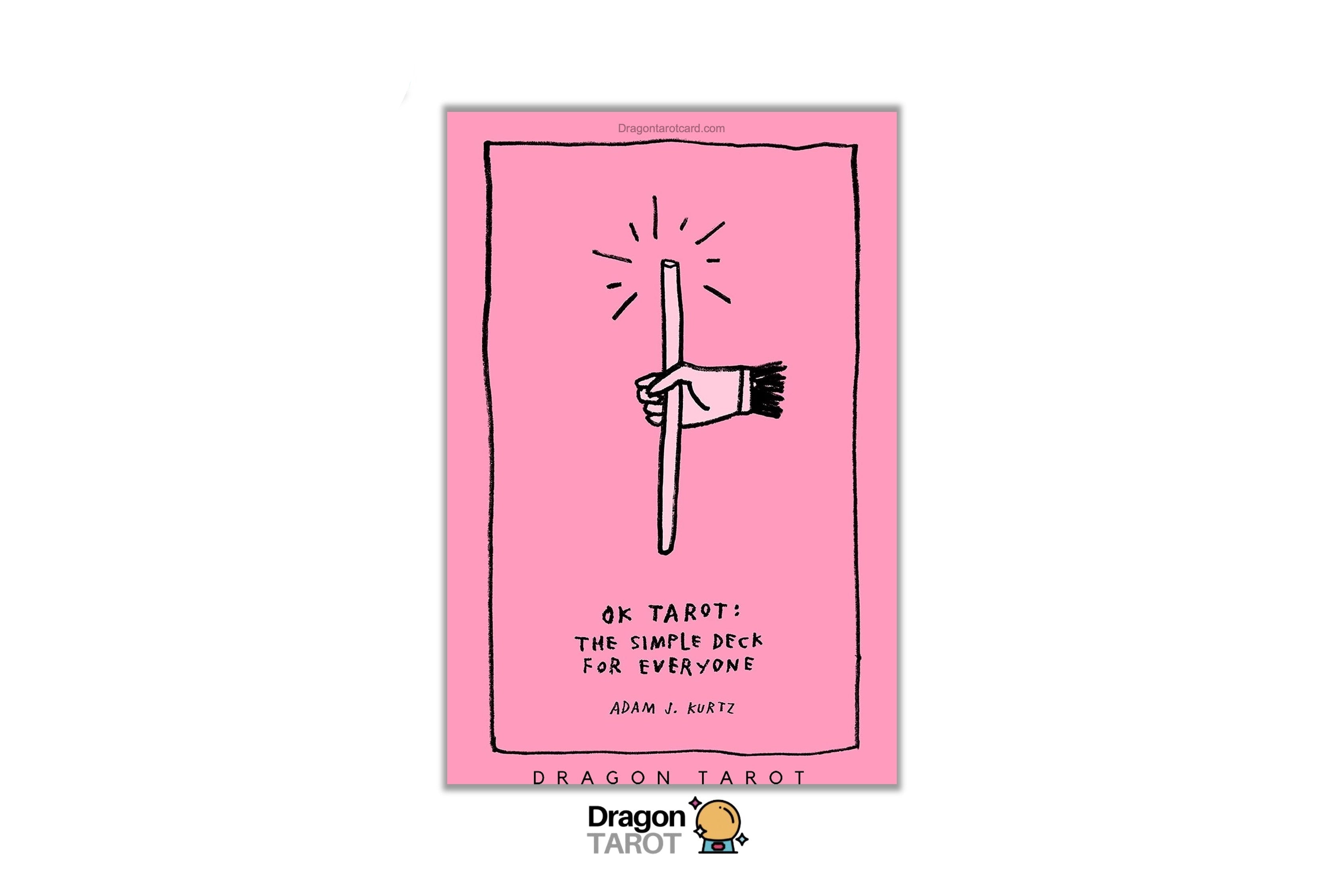 A pink book cover for 'OK TARTY: THE SIMPLE DECK FOR EVERYONE' by Adam J. Kurtz, featuring a hand holding a wand with radiating lines.