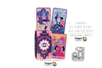 Four Dragon Tarot cards and a matching card box displayed on a white background with promotional text, including '100% Authentic Guarantee' and the Dragon Tarot logo.