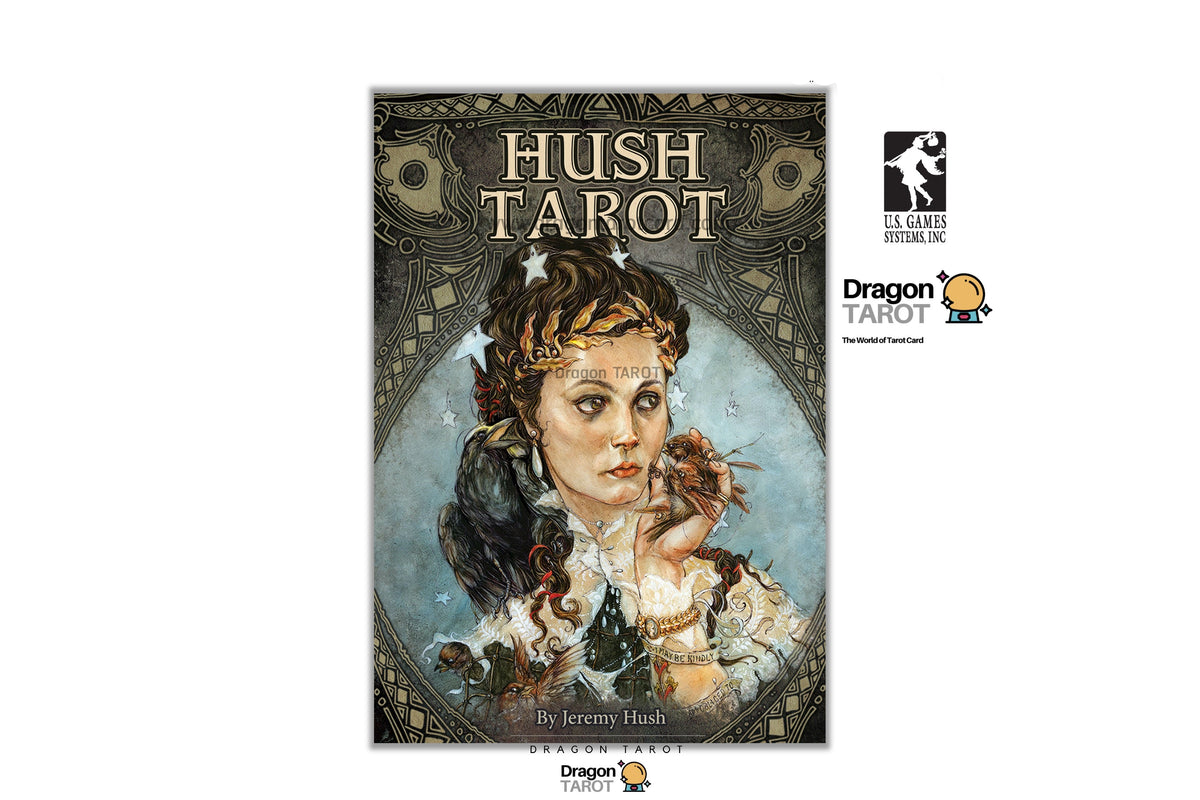 Hush Tarot card deck box cover by Jeremy Hask, featuring an illustrated portrait of a woman with a bird on a dark ornate background. The image includes Dragon Tarot branding and a Le Card Design, Inc.