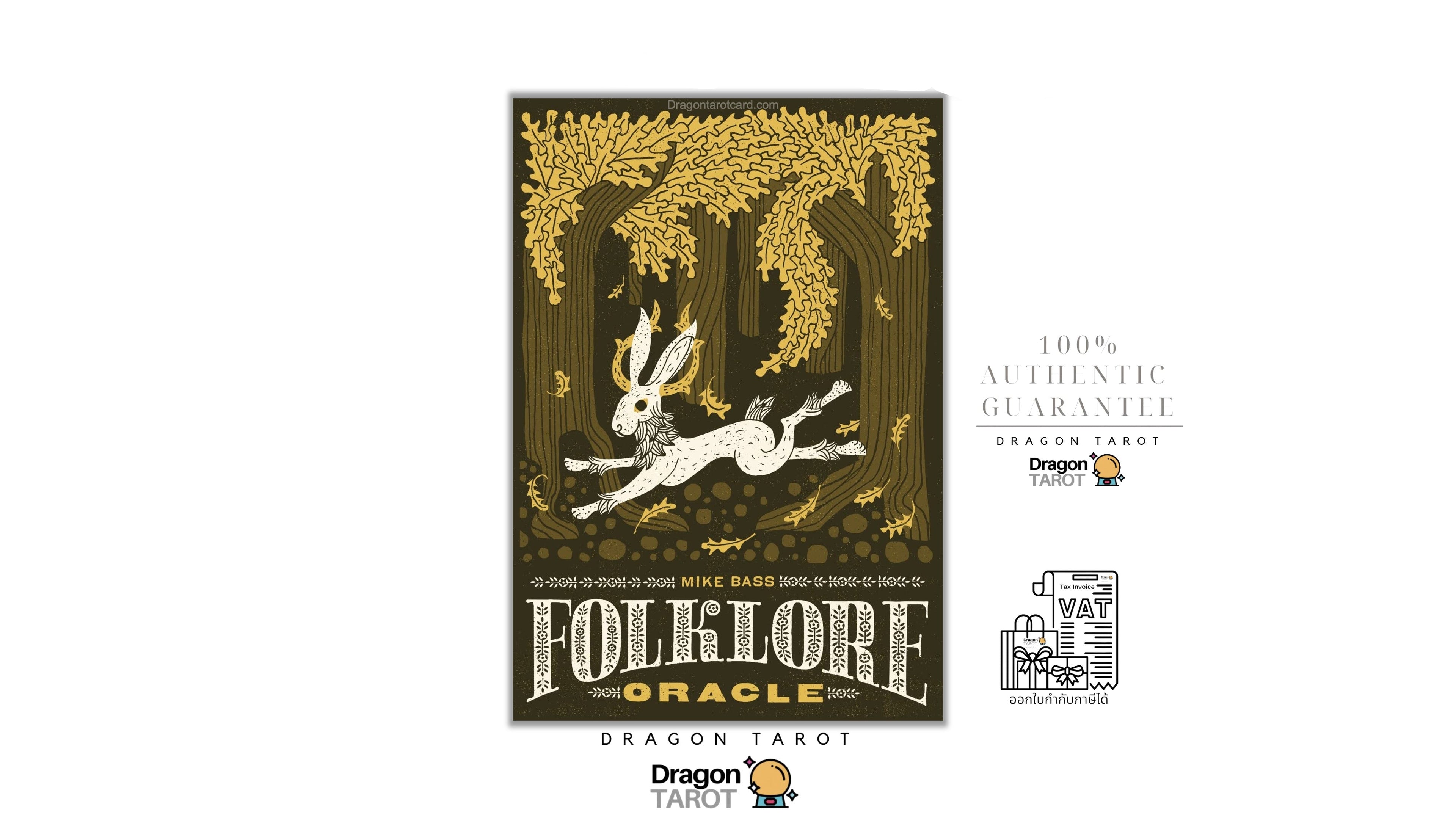 Dragon Tarot Folklore Oracle deck box art shown on a white background with social media and authenticity guarantee graphics. The box features a dark brown and gold illustration of a deer under trees, with 'FOLKLORE ORACLE' in large text.
