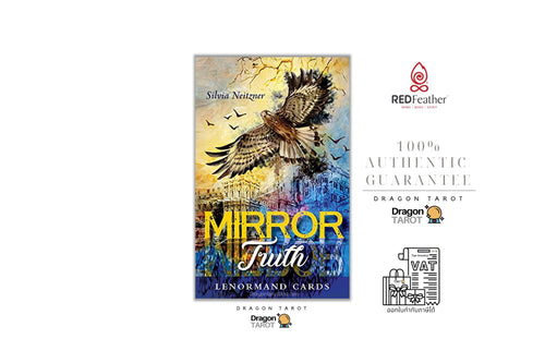 Mirror Truth Lenormand Cards box by Silvana Nizzetto, featuring a golden-brown dragon illustration, displayed alongside brand logos for RedFeather and Dragon Tarot on a white background.