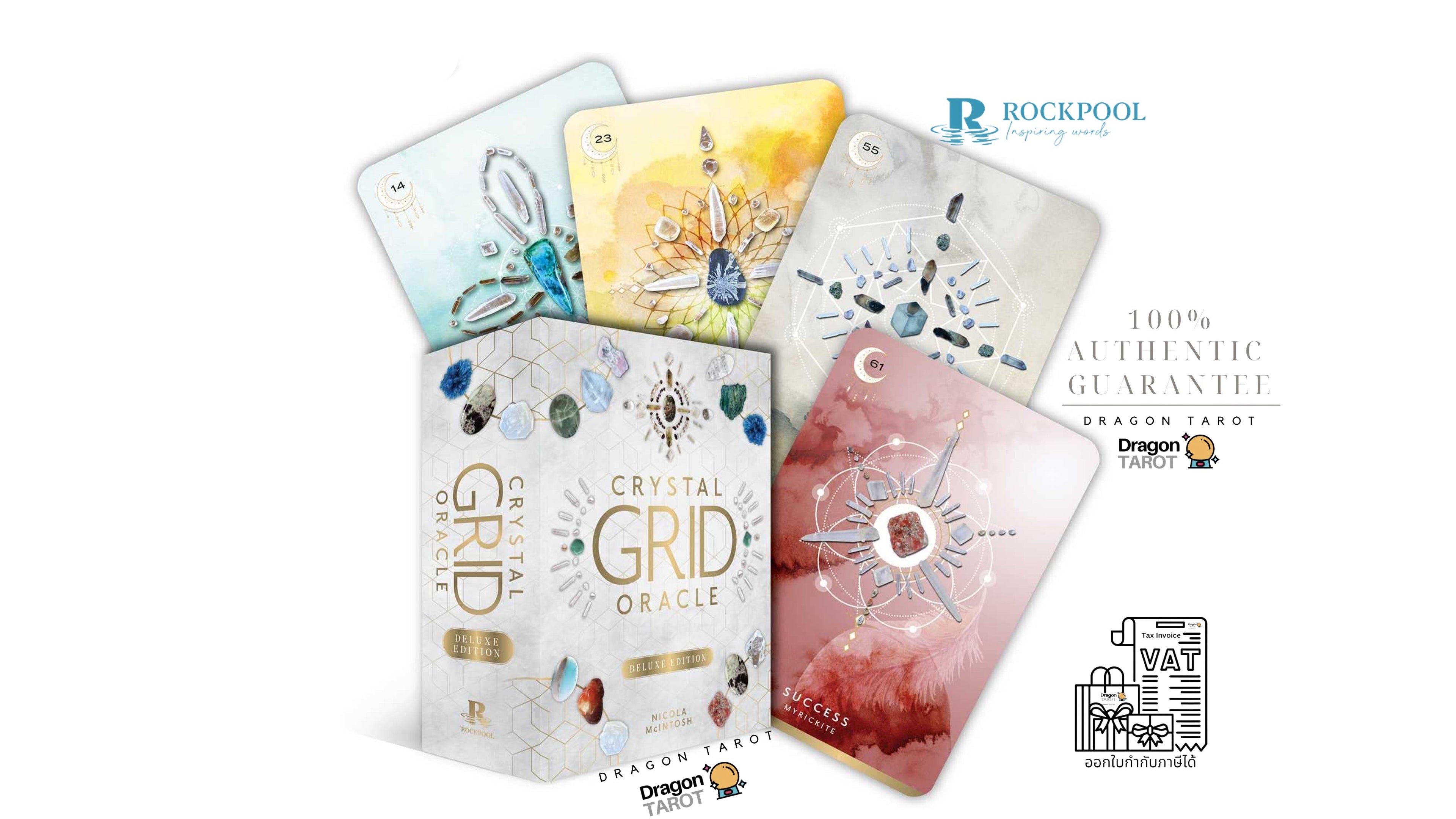 Dragon Tarot Crystal Grid Oracle deck packaging and several illustrated oracle cards arranged on a white background with promotional text and logos for Dragon Tarot and Rockpool.