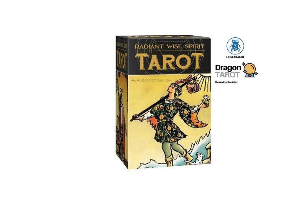 A boxed tarot card deck titled 'Radiant Wise Spirit Tarot' shown upright on a white background, with social media and brand logos above it. The box features an illustrated figure in ornate clothing against a warm yellow background.