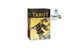 A boxed tarot card deck titled 'Radiant Wise Spirit Tarot' shown upright on a white background, with social media and brand logos above it. The box features an illustrated figure in ornate clothing against a warm yellow background.