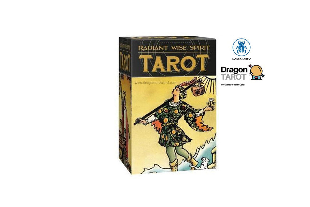 A boxed tarot card deck titled 'Radiant Wise Spirit Tarot' shown upright on a white background, with social media and brand logos above it. The box features an illustrated figure in ornate clothing against a warm yellow background.