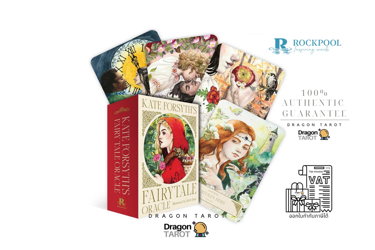 Dragon Tarot 'Fairytale Creations' deck box with several illustrated tarot cards fanned behind it on a white background, alongside Rockpool certification and Thai text branding.