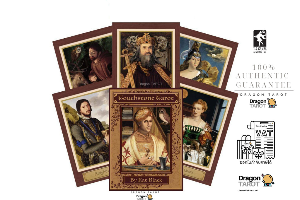 Dragon Tarot deck packaging and several illustrated cards arranged on a white background with brand logos and a 100% authentic guarantee badge. The central card reads 'Touchstone Tarot By Kat Black.