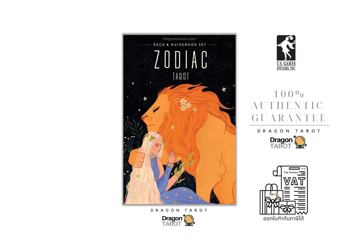 Zodiac Tarot deck and guidebook set packaging shown on a white background, alongside a 100% authentic guarantee badge, Dragon Tarot branding, and a VAT receipt illustration.