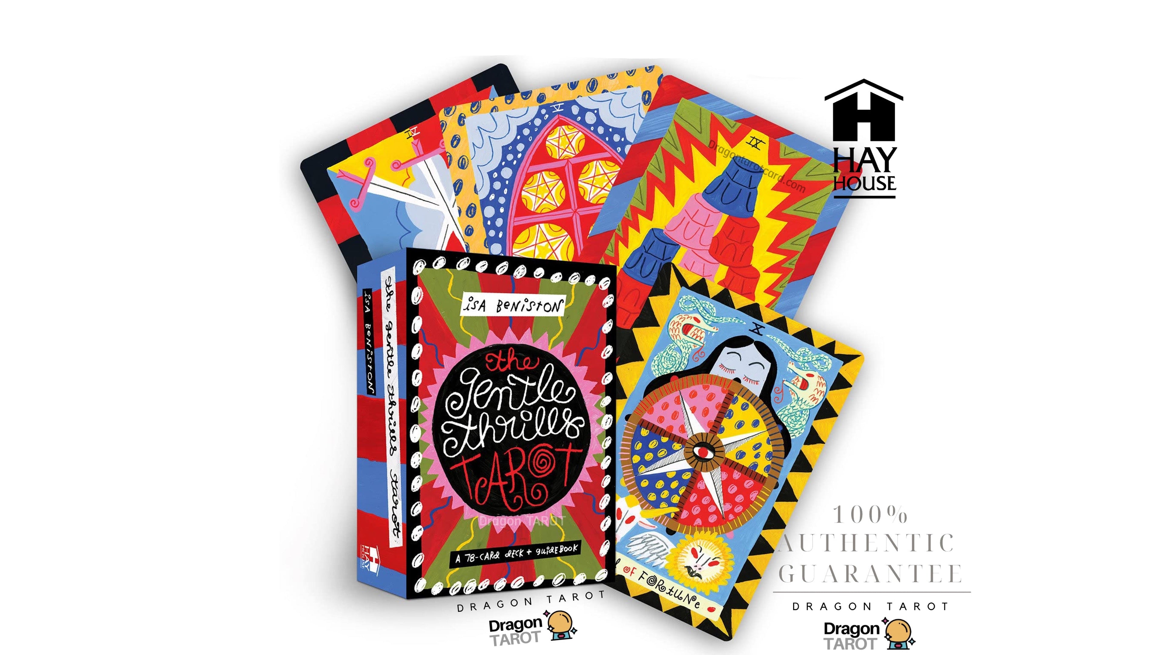 A set of colorful tarot cards and a tarot card box displayed on a white background, with multiple brand and guarantee logos visible around the product.