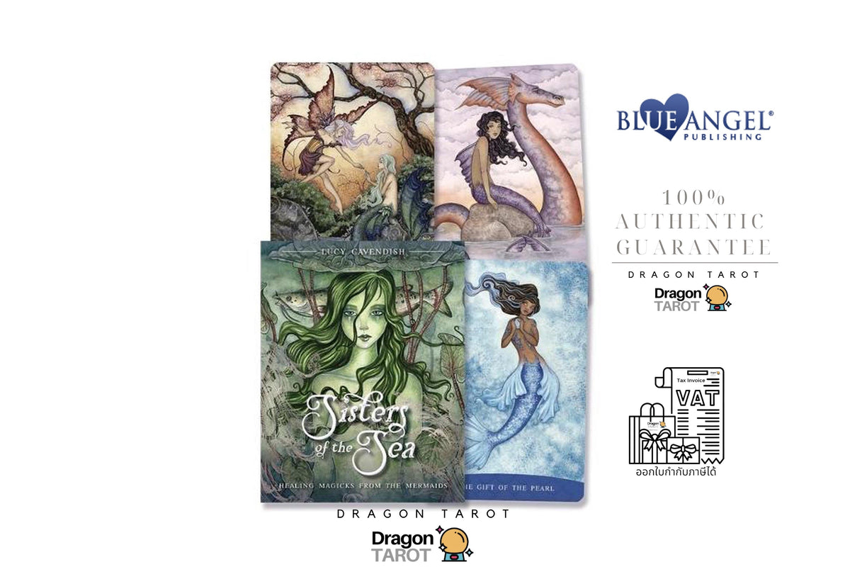 Dragon Tarot deck packaging and card illustrations shown on a white background with Blue Angel Publishing branding, Thai text, and authenticity icons.