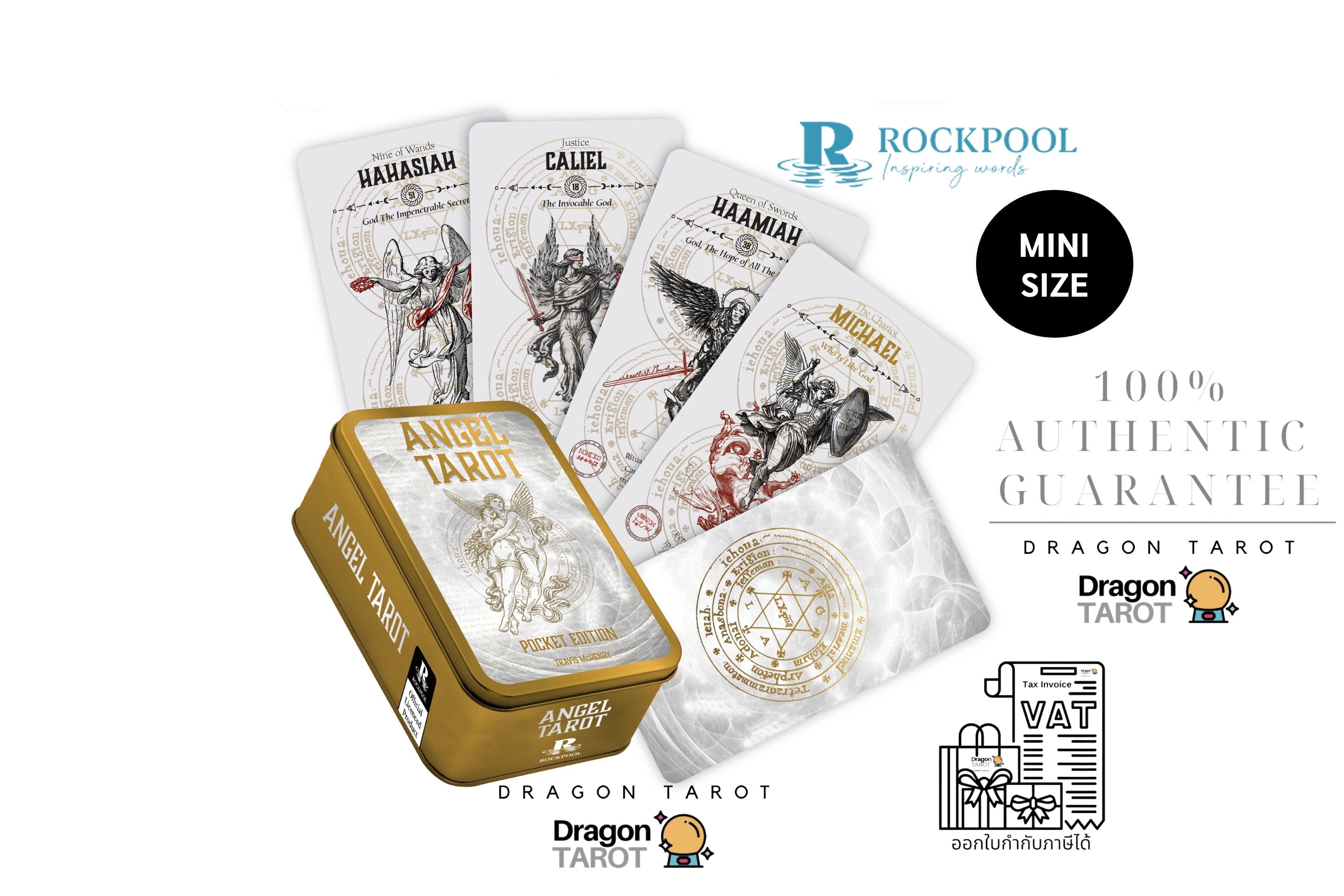 Dragon Tarot Mini Size Authentic Tarot card set with a gold tin container, four illustrated cards (Haaminah, Calijel, Naamah, Mirza), and promotional text on a white background.