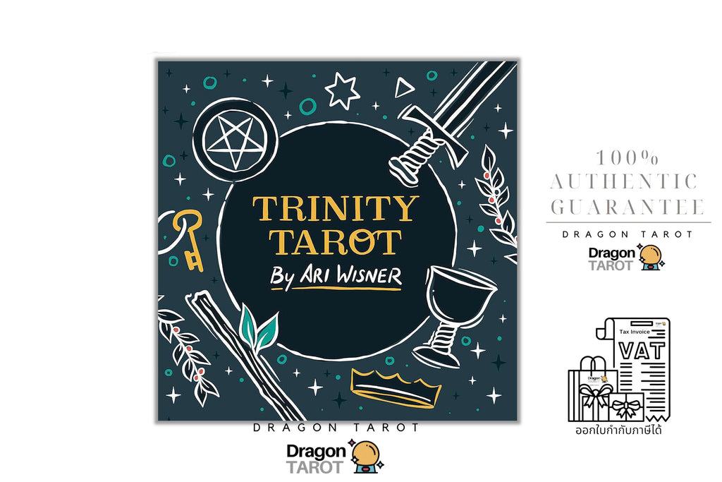 Dragon Tarot 'Trinity Tarot' card deck packaging cover art by Ari Wisner, featuring a dark teal background with white line art of a pentagram, sword, chalice, key, and stars, plus gold/yellow text. The image includes surrounding promotional text and Dragon Tarot branding on a white background.