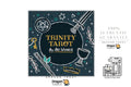 Dragon Tarot 'Trinity Tarot' card deck packaging cover art by Ari Wisner, featuring a dark teal background with white line art of a pentagram, sword, chalice, key, and stars, plus gold/yellow text. The image includes surrounding promotional text and Dragon Tarot branding on a white background.