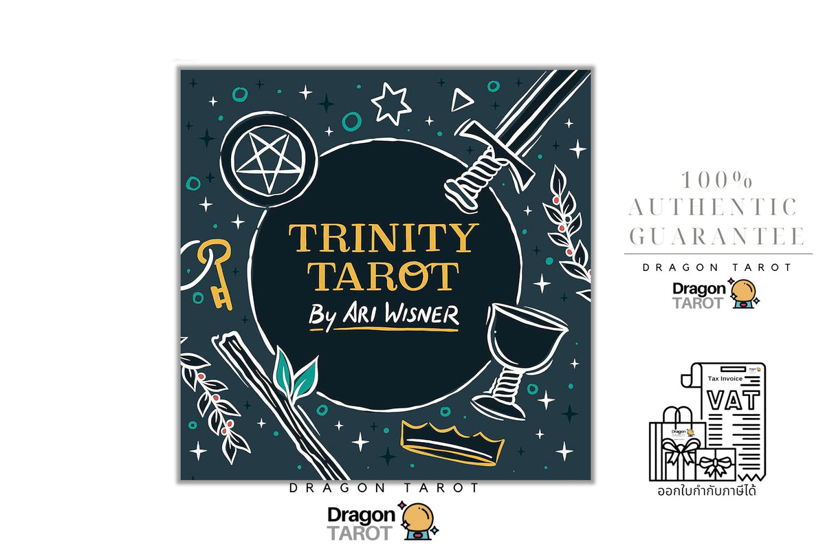 Dragon Tarot 'Trinity Tarot' card deck packaging cover art by Ari Wisner, featuring a dark teal background with white line art of a pentagram, sword, chalice, key, and stars, plus gold/yellow text. The image includes surrounding promotional text and Dragon Tarot branding on a white background.