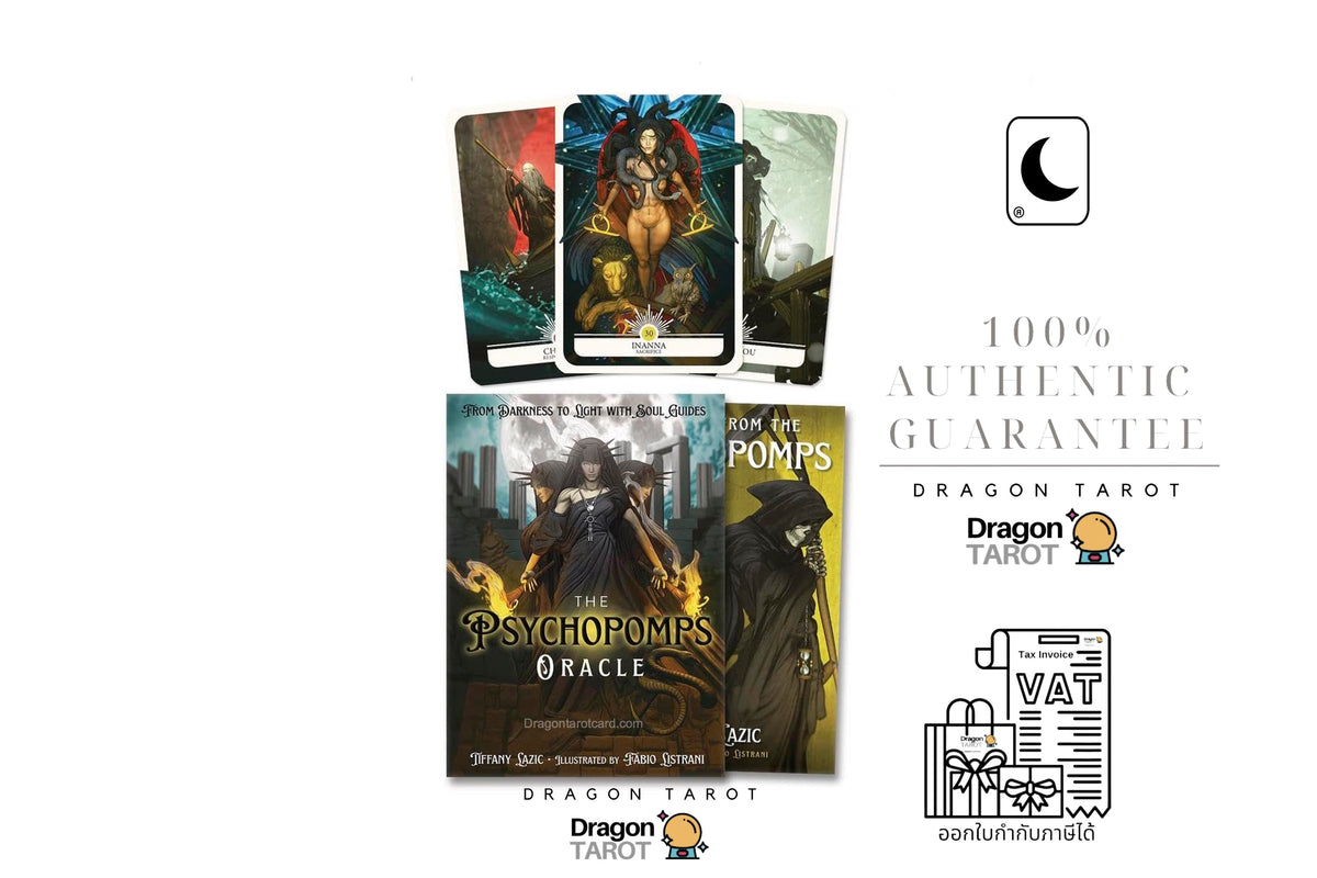 Promotional graphic for Dragon Tarot showing two boxed tarot decks, one titled 'The Psychompom Oracle' and one titled 'The Poms', along with several tarot card designs. The layout includes text reading '100% Authentic Guarantee', the Dragon Tarot logo, a Facebook icon, a crescent moon symbol, and a VAT receipt illustration on a white background.