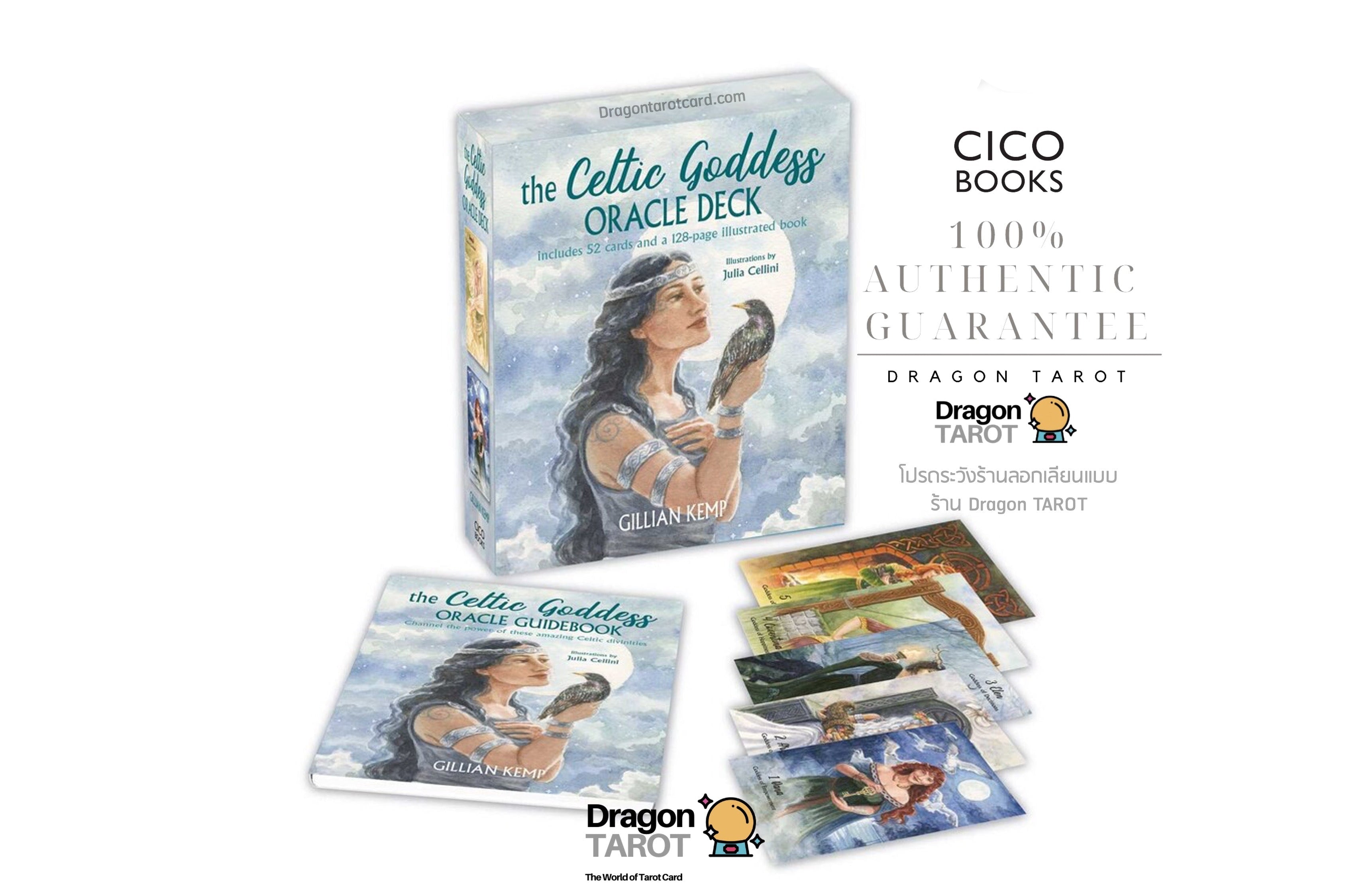 The Celtic Goddess Oracle Deck box, a card booklet, and several cards displayed on a white background with CICO BOOKS branding and Thai promotional text.