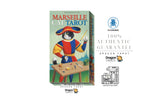 Dragon Tarot Marseille Cat Tarot deck box shown on a white background with brand logos, Thai text, and authenticity guarantees. The box features an illustrated black cat in a colorful outfit holding a wand.