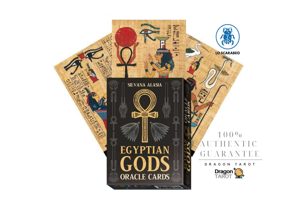 Dragon Tarot Egyptian Gods Oracle Cards deck box in black with gold Ankh symbol, shown with three illustrated cards fanned behind it on a white background. Visible branding includes Silvana Alasia and Dragon Tarot.
