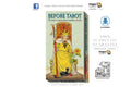 Dragon Tarot 'Before Tarot' card deck box shown on a white background with promotional badges and text. The box features an illustrated tarot card design with a yellow-robed figure and a black cat.