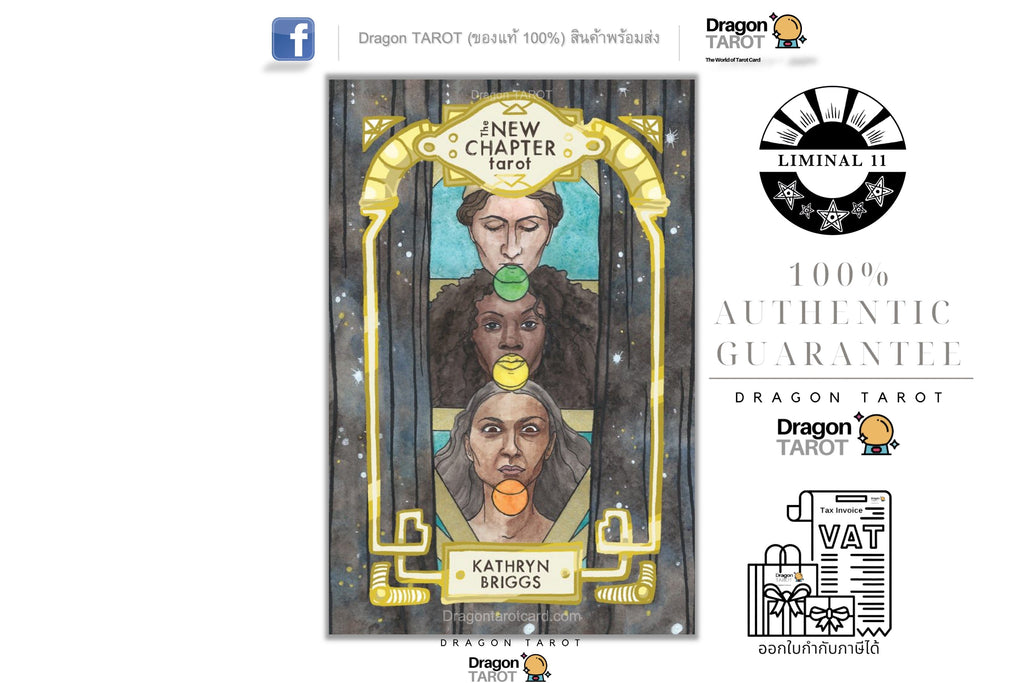 Dragon Tarot 'New Chapter Tarot' card deck packaging shown on a white background with several certification logos and text on the right side, including '100% Authentic Guarantee', 'Dragon Tarot', and 'Liminal 11'.