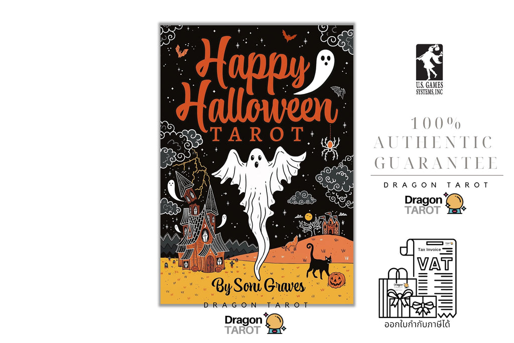 Halloween tarot card deck packaging shown on a white background, featuring a central illustrated card with 'Happy Halloween Tarot' text, a ghost, spider, witch house, and orange landscape.右侧 includes Dragon Tarot branding, a '100% Authentic Guarantee' badge, and a VAT receipt illustration.