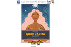 The Good Karma Tarot book cover centered on a white background, featuring an illustrated woman with pink hair and a dark blue starry sky behind her. The title 'THE GOOD KARMA TAROT' appears in yellow and white text on a dark band across the lower half.