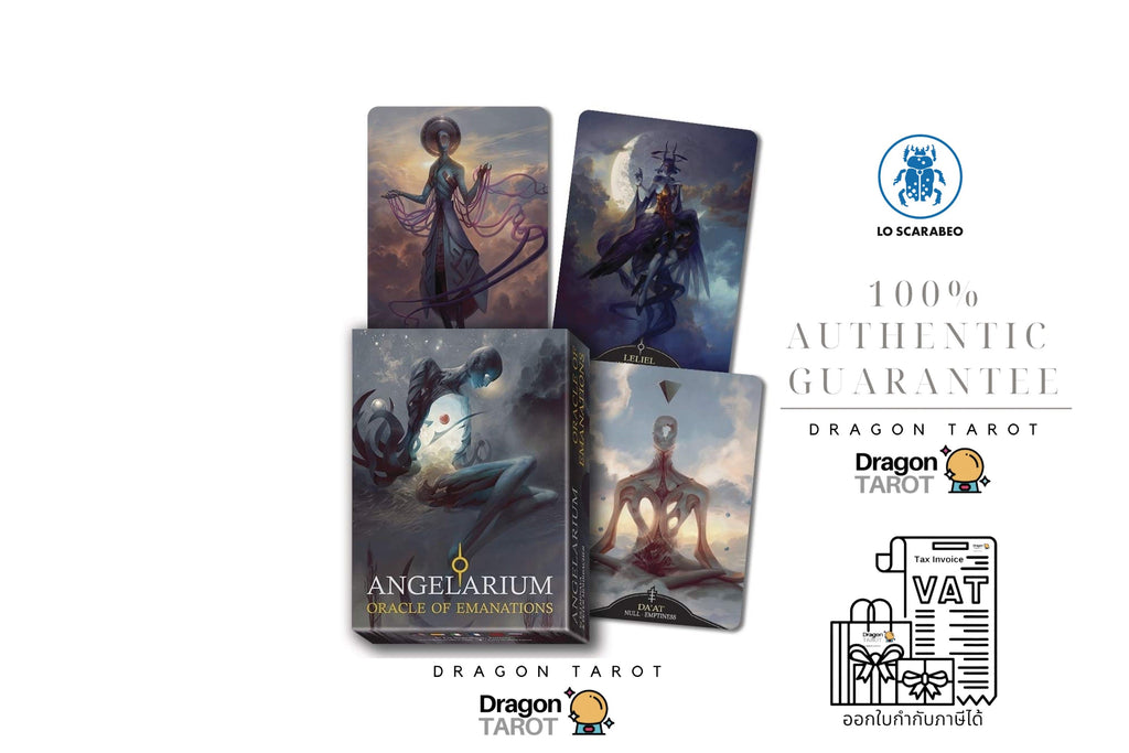 A promotional collage for Dragon Tarot showing several tarot card and box designs on a white background, with Thai text, the Dragon Tarot logo, an LD Scarabeo certification mark, and a VAT receipt illustration.