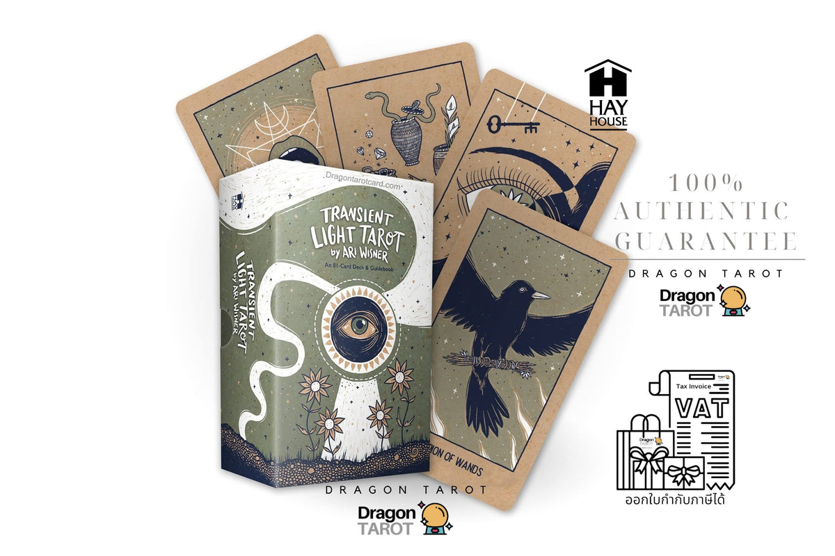 Dragon Tarot card deck packaging and several cards displayed on a white background with promotional text and icons including '100% Authentic Guarantee' and 'HAY BRAND'.