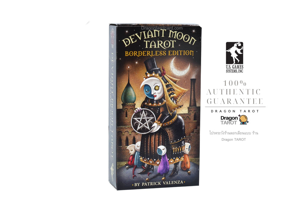 The box of Deviant Moon Tarot: Borderless Edition by Patrick Valenza is shown on a white background with several brand and guarantee logos to the right.