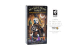 The box of Deviant Moon Tarot: Borderless Edition by Patrick Valenza is shown on a white background with several brand and guarantee logos to the right.