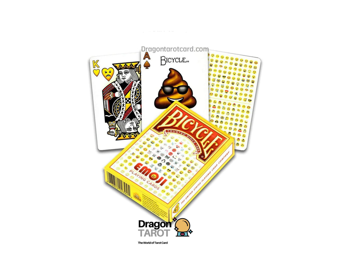 A product graphic showing a Bicycle Emoh card deck with a yellow box, a jack of hearts card, and a back card displaying an emoh face, on a white background with Dragon Tarot branding.