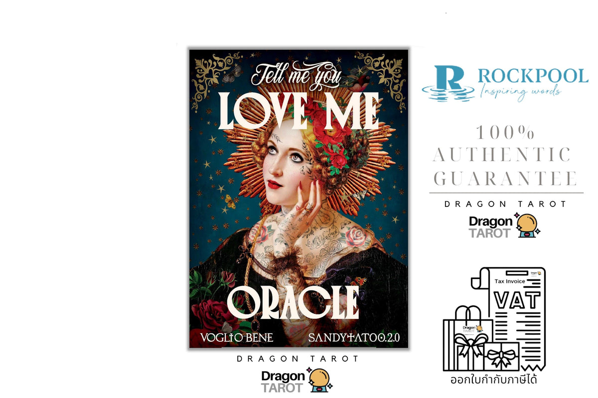 A promotional graphic for a Dragon Tarot oracle card titled 'Tell Me You Love Me Oracle'. The central card features an ornate portrait of a woman with a radiant halo against a dark starry background, with the words 'Tell Me You LOVE ME ORACLE' in stylized typography.