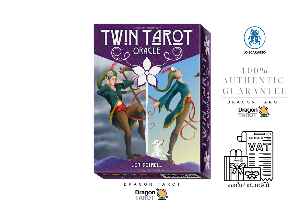 Dragon Tarot Twin Tarot Oracle card deck box shown on a white background with promotional badges, Thai text, and a VAT receipt illustration. The box features illustrated twin figures and the title 'TWIN TAROT ORACLE' by Jeni Betzmull.