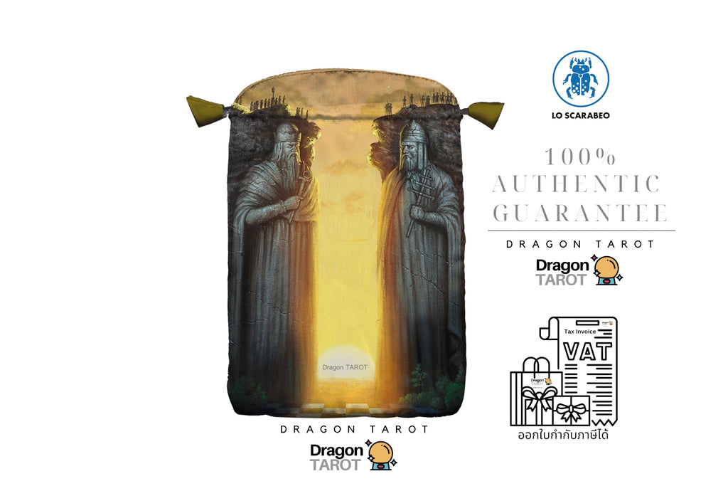 Dragon Tarot card deck packaging pouch featuring a mystical illustration of two cloaked figures facing each other under a glowing golden sky. The pouch is displayed on a white background alongside Italian authenticity badges, including '100% Authentic Guarantee' and the 'Io Scarambiano' logo.