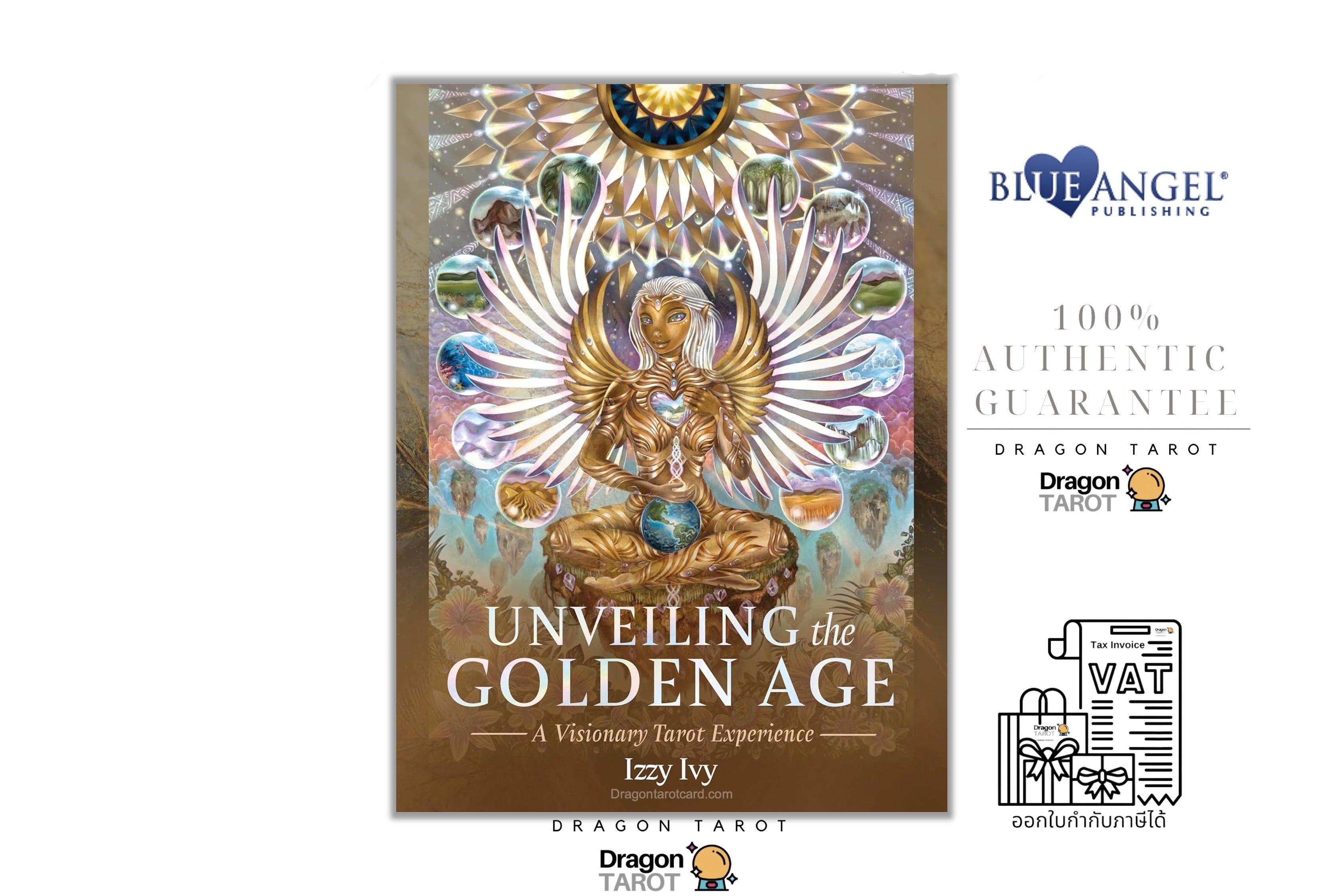 Dragon Tarot card deck box cover titled 'Unveiling the Golden Age' by Izy Ivy, displayed on a white background with Blue Angel Publishing branding and a 100% authentic guarantee badge.