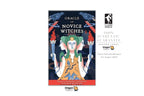 Oracle of the Novice Witches card deck box cover shown on a white background with promotional text and logos. The box features a dark illustration with a central deity figure in ornate gold and green clothing, surrounded by red birds and blue clouds.