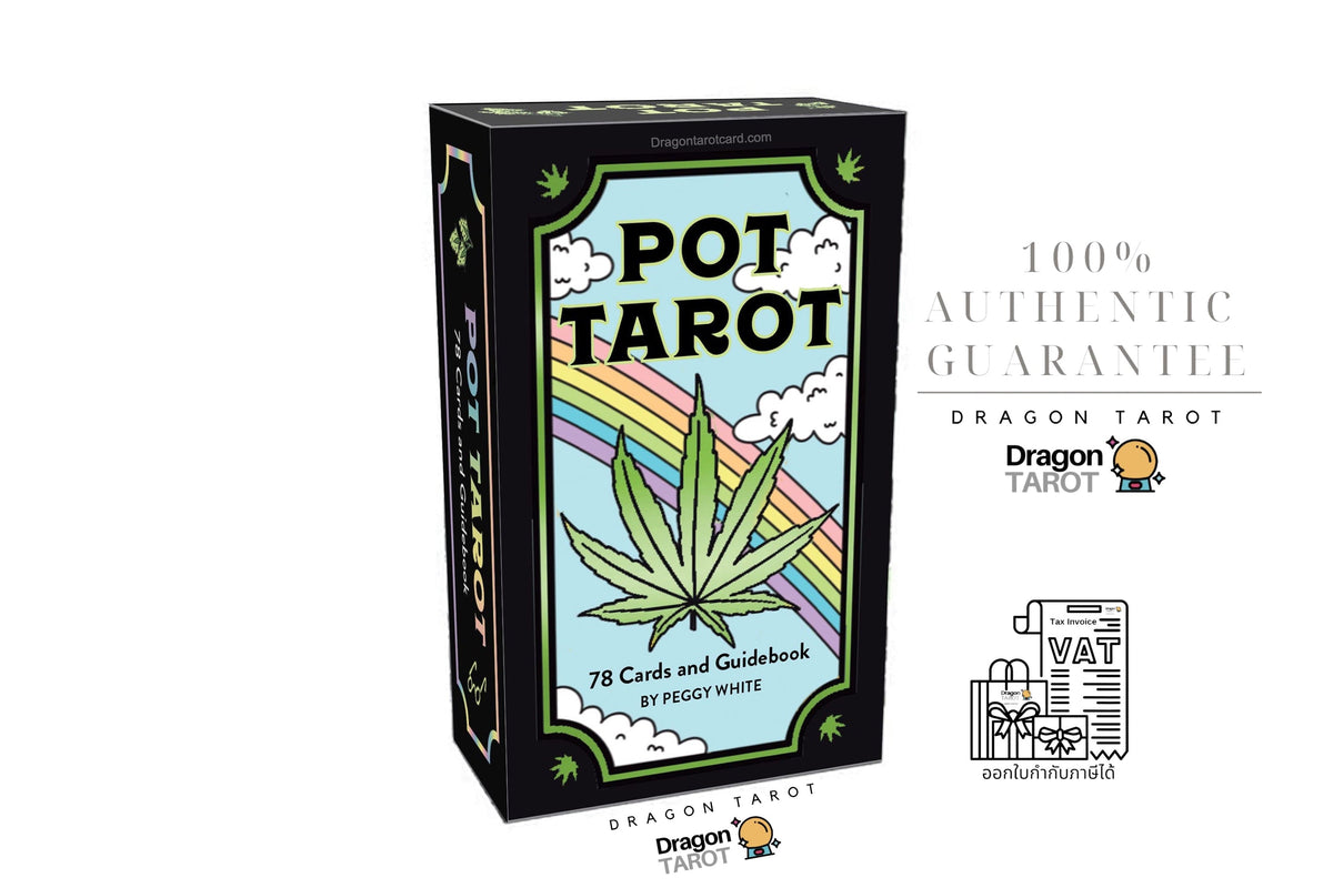 Dragon Tarot Pot Tarot card deck box shown on a white background with promotional text and logos. The box features a black border, a light blue center panel, a large green cannabis leaf, and a rainbow graphic.